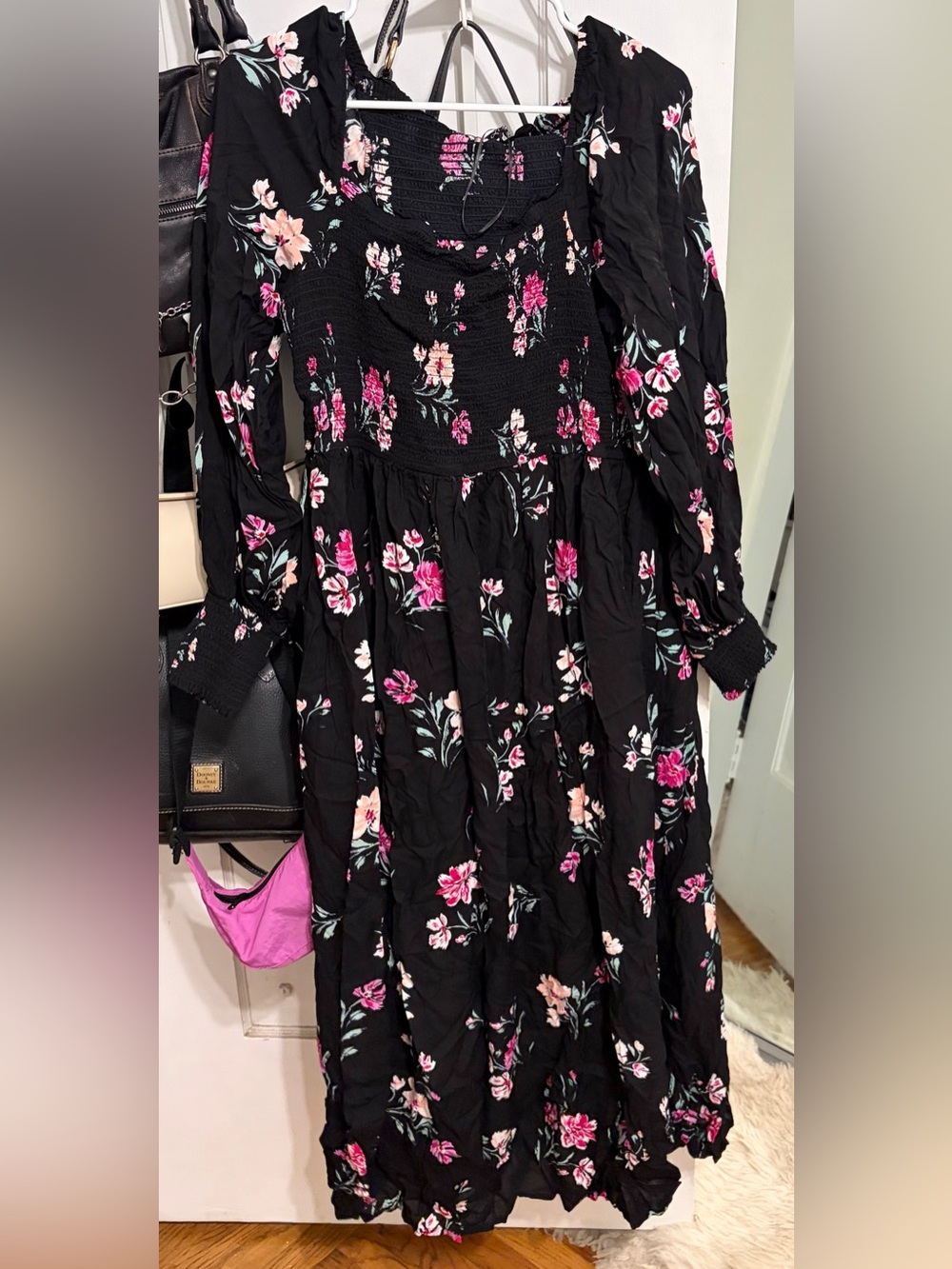 Floral Smocked Long Sleeve Maxi Dress - Black with Pink Floral